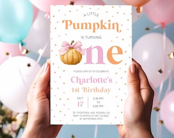Girl Little Pumpkin First Birthday Invitation Editable Our Little Pumpkin Invitation 1st Birthday Photo Invite Fall Pink Pumpkin Invite P24