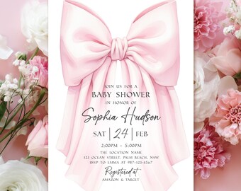 Blozen roze strik babyshower uitnodiging sjabloon babymeisje douche Canva sjabloon elegante roze coquette babyshower uitnodigen Instant Download B41
