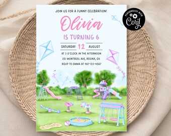 EDITIERBARE Spielplatz Geburtstagseinladung Kinder Park Party Einladung Vorlage Outdoor Geburtstag einladen Slide & Swing Sofort Download