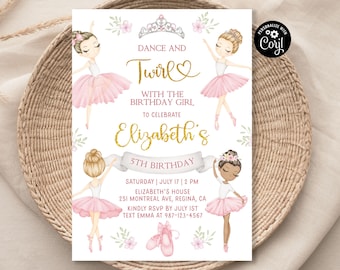 May include: A pink and gold birthday invitation for a girl's 5th birthday party. The invitation features a ballerina with a pink tutu and a crown. The text reads "Dance and Twirl with the Birthday Girl to Celebrate Elizabeth's 5th Birthday".