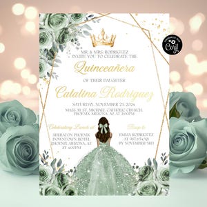 Salbei Grün Blumen Gold Braun Mädchen Quinceaño Einladung EDITIERBARE VORLAGE Quinceanera 15 XV Sweet 16 Geburtstag DIY einladen Quinceanera einladen