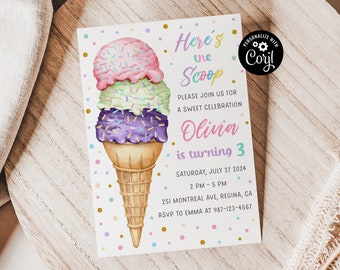 Editable Ice Cream Birthday Invitation Ice Cream Party Here's the Scoop Pink Purple Girl Birthday Printable Editable Download