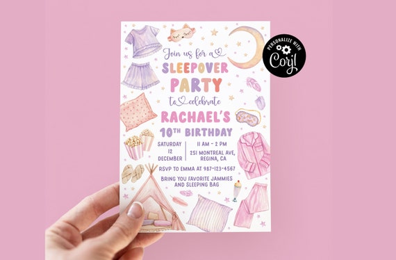 Slumber Party Birthday Invitation, Pink Sleepover Invite (Digital Download)