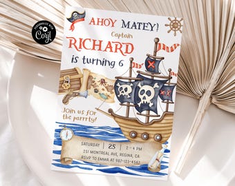 Puede incluir: Invitación a una fiesta de cumpleaños con una ilustración de acuarela de un barco pirata, un cofre del tesoro y una brújula. La invitación es para la fiesta de cumpleaños número 6 del Capitán Richard. La fiesta es el sábado 25, de 2 a 4 PM en 251 Montreal Ave, Regina, CA. RSVP a Emma al 987-123-4567.