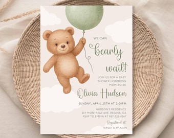Teddy Bear Baby Shower Invitation, Sage Green, Gender Neutral (Digital Download)