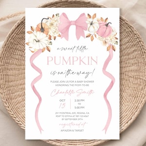 A Little Pumpkin Baby Shower Invitation Pink Pumpkin Invite Fall Baby Shower Fall Pumpkin Pink Bow Invite Floral Pumpkin Invitation P21