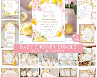 Lemonade Baby Shower Invitation Bundle, Girl Shower Decorations (Digital Download)