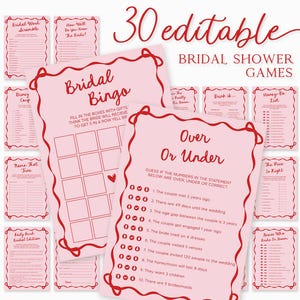 Pink Bridal Shower Games Template Red Pink Bachelorette Games Ribbon Bow Games Wavy Border Modern Bridal Games Bundle Red Pink Hens Party
