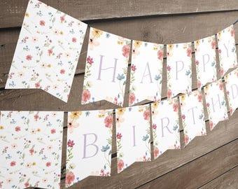 May include: A floral-themed banner with the words "Happy Birthday" in purple letters. Each letter is on a separate flag with a white background and a watercolor floral pattern.