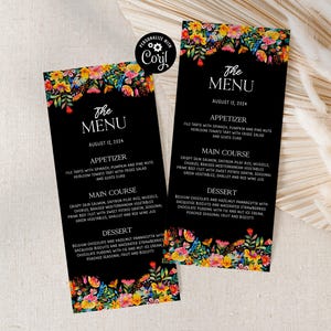 Plantilla de menú floral mexicano para mesa de fiesta, colores llamativos, menú editable, fajitas y ritas, menú imprimible, tarjeta de menú moderna para boda F5