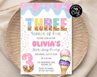 Invitación de cumpleaños número 3 con temática de helado, ¡Tres bolas de diversión! (Descarga instantánea)