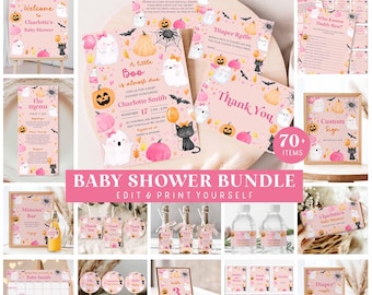 Pink Halloween Baby Shower Bundle, Invitations, Decorations (Digital Download)