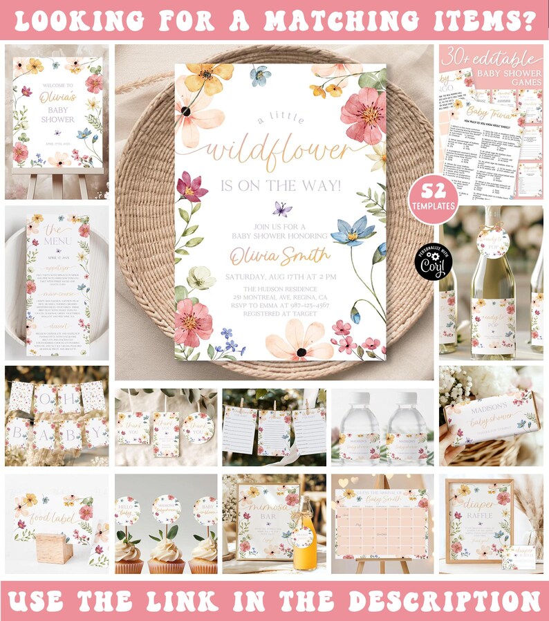 Wildflower Baby Shower Bundle Editable Wild Flower Baby Shower Set Girl Floral Boho Baby Shower Suite Baby In Bloom Bundle Package WF4 image 9