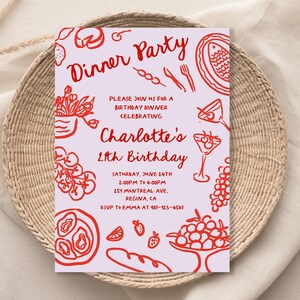 May include: A pink and red illustrated invitation for a dinner party celebrating Charlotte's 21st birthday. The invitation includes the date, time, and location of the party, as well as an RSVP contact.