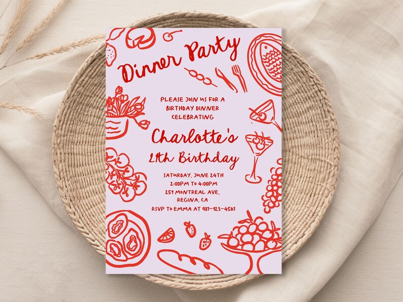 May include: A pink and red illustrated invitation for a dinner party celebrating Charlotte's 21st birthday. The invitation includes the date, time, and location of the party, as well as an RSVP contact.