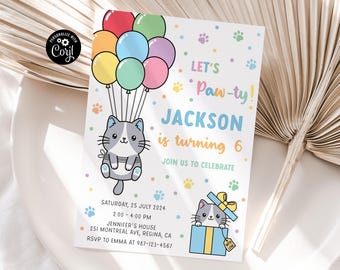 Invito di compleanno per gatti modificabile, invito per gattini stampabile, invito digitale, inviti per animali domestici, modello per bambini modificabile, biglietto da scaricare immediatamente