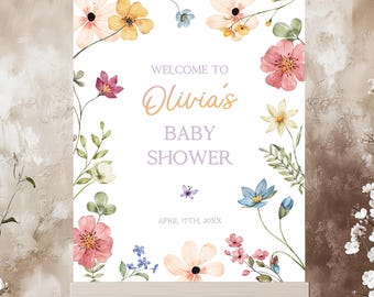 Tabliczka powitalna na baby shower z motywem dzikich kwiatów, kwiatowy wystrój boho (do pobrania w wersji cyfrowej)
