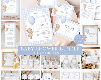 We Can Bearly Wait Bundle, Baby Shower Invitation Set Bear Shower, Teddy Bear Baby Shower Bundle Blue Bear With Balloon Boy Baby Shower TB10