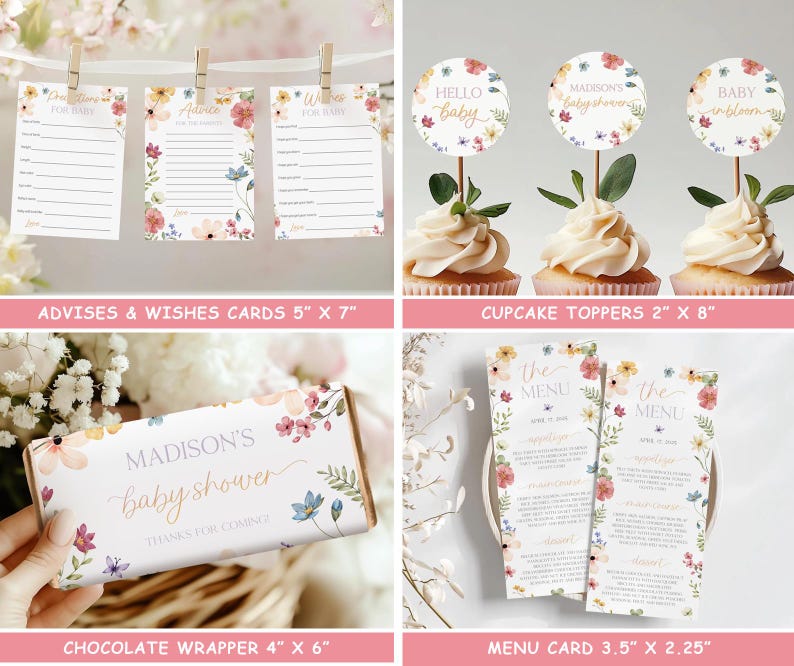 Wildflower Baby Shower Bundle Editable Wild Flower Baby Shower Set Girl Floral Boho Baby Shower Suite Baby In Bloom Bundle Package WF4 image 4