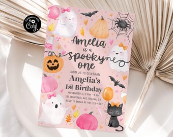 Spooky One Birthday Invitation: Pink Ghost Halloween Theme (PDF/JPEG)