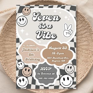 Seven Is A Vibe Birthday Invitation Template Groovy Boy 7th Birthday Invite Smile Face Invite Groovy Boy Seventh Birthday 7 Year Old Boy