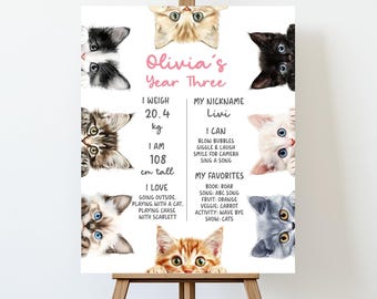 May include: A colorful printable poster with a cat theme. The poster features a child's name, age, height, weight, and favorite things. The poster is decorated with images of cats.