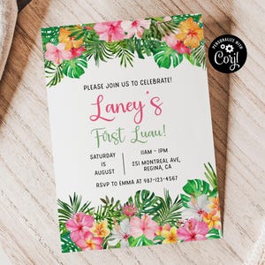 Editable Luau 1st Birthday Invitation Template Tropical Luau Birthday Invite Hawaiian Birthday Watercolor Floral Invitation DIGITAL DOWNLOAD