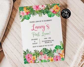 May include: A tropical-themed invitation for a first luau. The invitation features a pink and green floral border with the text "Please join us to celebrate! Laney's First Luau!"  The invitation also includes the date, time, and location of the event.