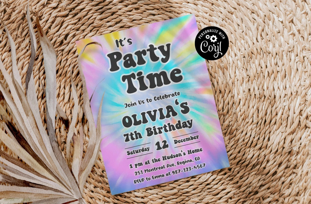 Self Editable Tie Dye Party Invitation Instant Download Rainbow Tie Dye Birthday Invitations ...