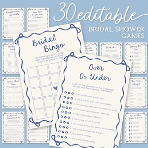 Puede incluir: Un conjunto de juegos de despedida de soltera imprimibles con texto azul y blanco sobre un fondo crema. Los juegos incluyen Bingo nupcial, Más o Menos, Adivina la melodía, Lista de tareas, El precio es correcto, Adivina quién es la novia o el novio, Bebe y  ¿Cuánto sabes de la novia?