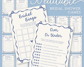 Dusty Blue Bridal Shower Games Pack Template Blue Bow Bridal Game Package Wavy Border Modern Bridal Games Bundle Dusty Blue Hens Party Games