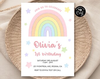 May include: A white invitation with a rainbow and stars. The text reads "Join us to celebrate Olivia's 1st birthday. Saturday 3rd August 11am-2pm. 251 Montreal Ave, Regina, CA. RSVP to Emma text or call."