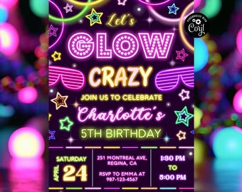 Neon Glow Birthday Invitation, Customizable Template (PDF or JPEG)