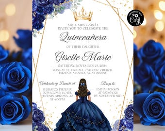 Royalblaue Quinceaño-Einladungsvorlage (Digitaler Download)