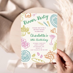 May include: A colorful invitation for a 30th birthday dinner party. The invitation features a hand-drawn illustration of food and drinks, including a baguette, grapes, and a martini glass. The text on the invitation reads "Dinner Party" and "Charlotte's 30th Birthday".