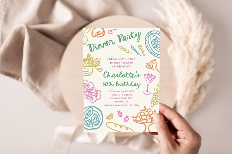 May include: A colorful invitation for a 30th birthday dinner party. The invitation features a hand-drawn illustration of food and drinks, including a baguette, grapes, and a martini glass. The text on the invitation reads "Dinner Party" and "Charlotte's 30th Birthday".