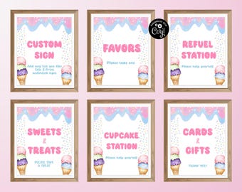 Op de afbeelding: Set van 8 printbare ijshoorntjes-thema borden voor een feestje. De borden hebben een roze en blauwe achtergrond met sprankelingen en zeggen "Custom Sign", "Favors", "Refuel Station", "Sweets & Treats", "Cupcake Station", en "Cards & Gifts".