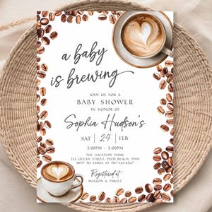 Baby Is Brewing Shower Invitation, Coffee Latte Theme (Editable Canva Template, Instant Download) image 2