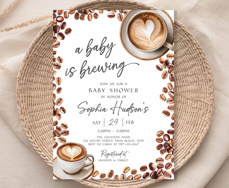 Baby Is Brewing Shower Invitation, Coffee Latte Theme (Editable Canva Template, Instant Download) image 2