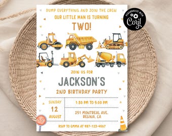 May include: Construction themed birthday party invitation with yellow and gray color scheme. The invitation features a variety of construction vehicles, including a dump truck, bulldozer, and cement mixer. The text on the invitation reads "Dump everything and join the crew our little man is turning two!" and "Join us for Jackson's 2nd Birthday Party".
