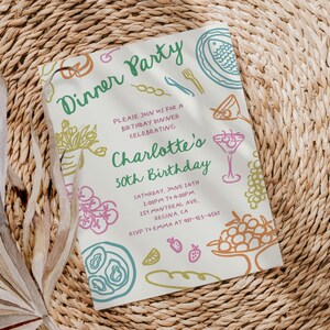 May include: A colorful invitation for a dinner party celebrating Charlotte's 30th birthday. The invitation features a whimsical illustration of food and drinks, with text that reads "Dinner Party", "Please join us for a birthday dinner celebrating Charlotte's 30th Birthday", "Saturday, June 14th 1:00pm to 4:00pm", "123 Montreal Ave Regina, CA", "RSVP to Emma at 481-123-4567".