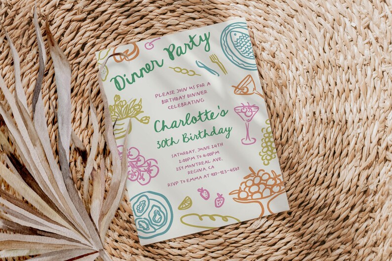 May include: A colorful invitation for a dinner party celebrating Charlotte's 30th birthday. The invitation features a whimsical illustration of food and drinks, with text that reads "Dinner Party", "Please join us for a birthday dinner celebrating Charlotte's 30th Birthday", "Saturday, June 14th 1:00pm to 4:00pm", "123 Montreal Ave Regina, CA", "RSVP to Emma at 481-123-4567".