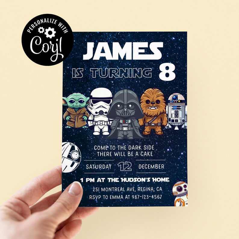 Modèle modifiable d'invitation d'anniversaire Star War Invitation de fête d'anniversaire imprimable Modèle d'invitation de fête d'enfants numérique Carte d'anniversaire Starwars sw1 image 1