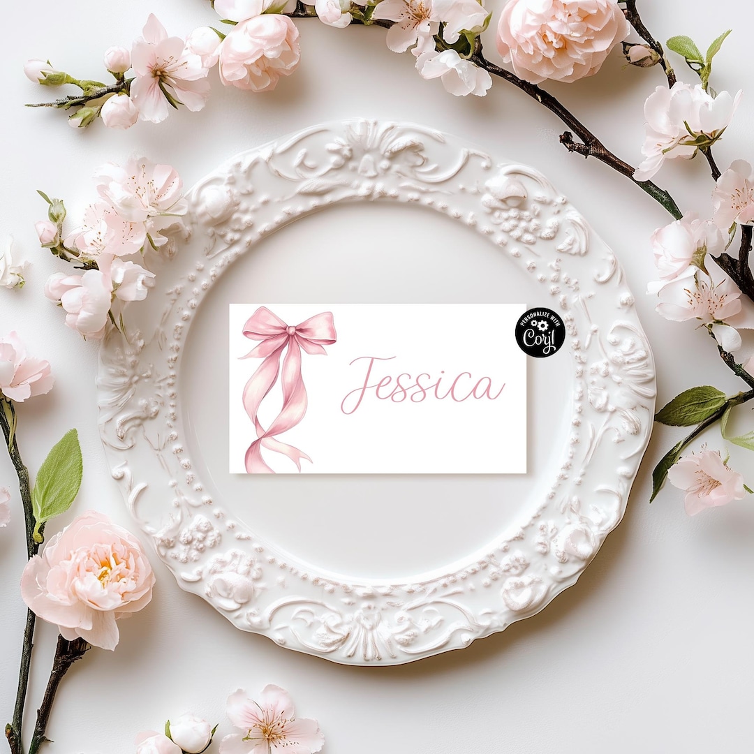 Pink Bow Place Card Template Printable Flat Place Cards Baby Shower ...