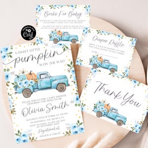 Blue Truck Baby Shower Set Little Pumpkin Boy Pumpkin Invite Fall Themed Baby Shower Party Pumpkin Invitation Boy Baby Shower Bundle Autumn
