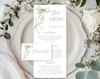 Modèle de menu et de marque-places vert sauge Menu de douche nuptiale vert Menu modifiable Trouvez votre place avec noeud vert Décorations de mariée Carte de table B31