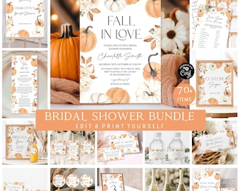 Fall in Love Bridal Shower Bundle Fall Pumpkin Bridal Shower Invitation Template Fall Bridal Shower Decor Pack Fall Wedding Shower Suite P20