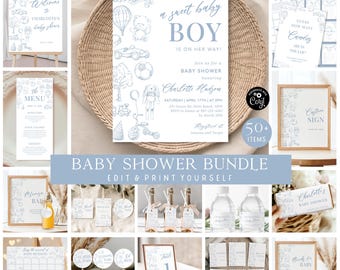 Op de afbeelding: Een blauwe en witte baby shower printbare bundel met meer dan 50 bewerkbare items. De bundel bevat een welkomstbord, menu, uitnodiging, spelletjes en decoraties. Het thema is een lieve babyjongen met een blauw en wit kleurenschema.