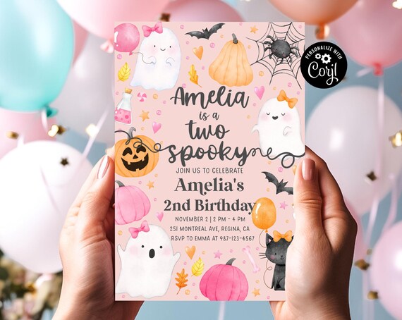 Two Spooky Birthday Halloween Invitation Cute Ghost 2nd Birthday Party Second Birthday Spooktacular Invite Pink Birthday 2 year old