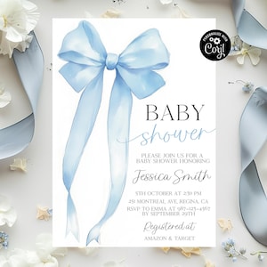 Blue Bow Baby Shower Invitation Template Baby Boy Blue Coquette Baby Shower Invite Baby Shower Invitation Boy Coquette Bow Boy Shower Invite